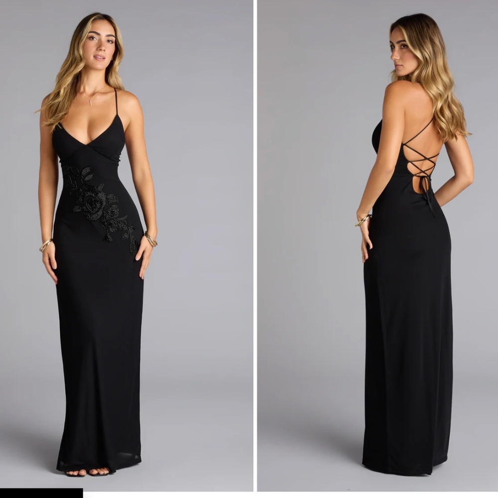 Adriane Beaded Floral Lace-Up Formal Dress